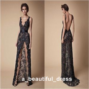 Berta Black Sexy Avondjurken Kantrand Diepe V-hals Backless Sash High Split Pageant Formal Party Prom Jurken Vestidos de Fiesta Ed1267