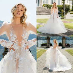 Berta Bohème 2022 Une ligne robes de mariée dos nu Boho robes de mariée à manches longues en dentelle appliquée profonde col en V vestidos de novia sur mesure