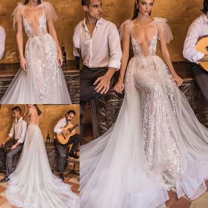 Berta Robes De Mariée En Dentelle De Mariée Overskirts Sexy Sirène Robes De Mariée Col En V Profond Illusion Corsage Cour Train Boho Robe De Mariée293O