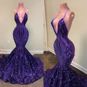 Robes de bal violettes sexy licou col en V profond sans manches sirène robes de soirée paillettes dentelle dos nu arabe Aso Ebi femmes tenue de soirée formelle robes De bal