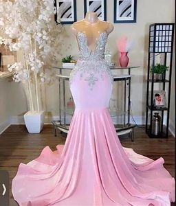Longues robes de bal de sirène rose 2024 Luxury Sparkly perle diamant strass de soirée robe de soirée noire fille de bal de gala robes BC18761