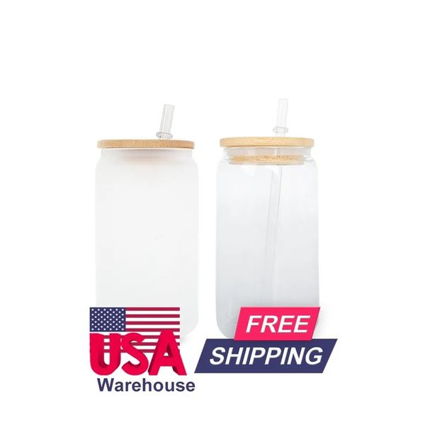 EE. UU./CA almacenado 16 oz tazas de vidrio esmerilado transparente sublimación en blanco 16 OZ jugo Soda cóctel tazas de coche para impresión DIY 50 piezas/cartón