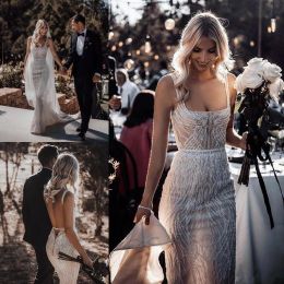 Berta jurken zeemeermin vierkante nek kanten pailletten beads sexy backless strand trouwjurk sweep trein bruidsjurken boho vestidos de