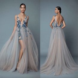 Berta Avondjurken met overskirts die V Neck Backless Prom -jurk met toegewezen kralen vloerlengte feestjurken