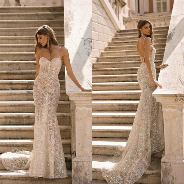 Berta Glitter sirena vestidos de novia de encaje de espagueti con apliques de lentejuelas con cuentas sin espalda ilusión vestidos de novia por encargo Vestidos 332U