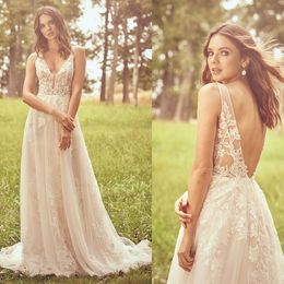 Berta Lace Boho Trouwjurken Een lijn Geappliceerd Sheer V-hals Backless Beach Bruidsjurken Custom Made Boheemse trouwjurk