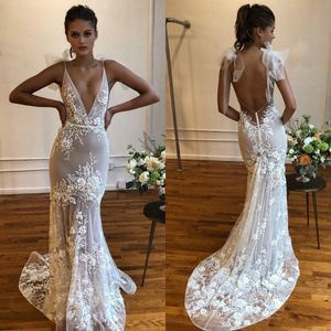 Berta robes de mariée sirène 2021 bretelles spaghetti illusion 3D appliques florales perles robes de mariée dos nu plage robe de mariée