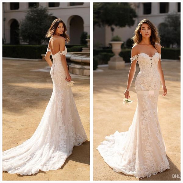 Berta sirène robes de mariée hors de l'épaule dentelle sexy dos nu robes de mariée balayage train grande taille trompette robe De Novia259y