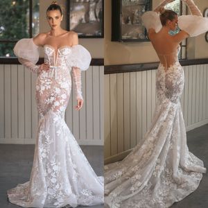 Robes de mariée sirène Berta robe de mariée en dentelle chérie Illusion manches bouffantes balayage train appliques robe de mariée robes de mariée