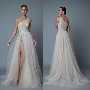 Berta Een Schouder Strand Trouwjurken Sexy Kant Geappliceerd Kralen A Line Side Split Bruidsjurken Plus Size vestido de novia198p