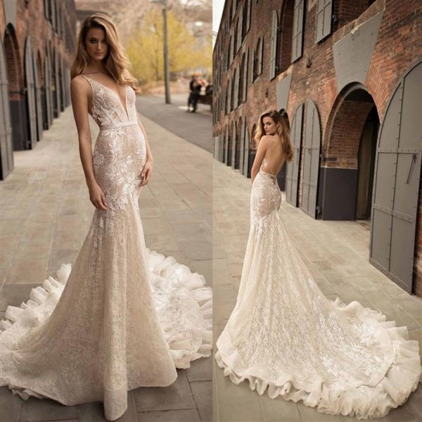 Berta Décolleté Plongeant Robe De Mariée Sirène Ceinture Délicate Appliques Robes De Mariée Balayage Train Dos Nu Robe de mariee268E