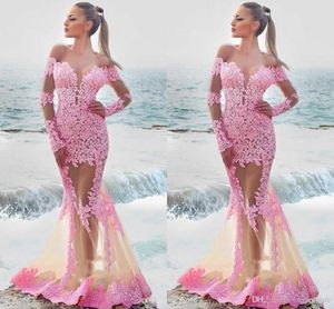 Berta Sexy Arabisch doorzien Roze Mermaid Prom Dresses Sheer Lange Mouwen Juweel Hals Vloer Lengte Pageant Jurk Formele Avondjurken Ogstuff