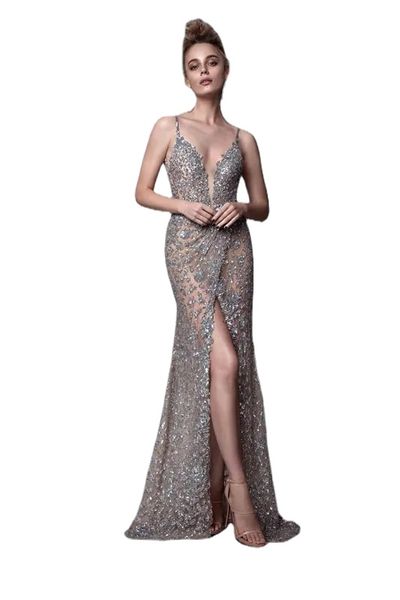 Berta Sexy Robes Formelles Soirée Avec Split Strass Sans Manches Décolleté Plongeant Robe De Bal Dos Nu Longue Sirène Invité Robes