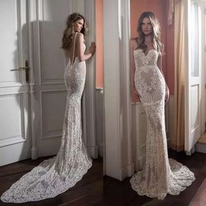 Berta pure trouwjurken kanten sexy zeemeermin lieverd nek backless bruidsjurken appliqued sweep trein parels vestidos de noiva