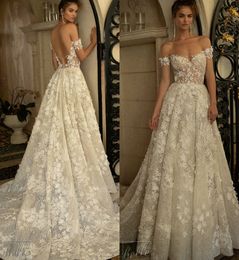 Berta Lente Trouwjurken van de Schouder Backless 3D Floral Applique Plus Size Pailletten Strand Bruidsjurken Een lijn Robe de Mariée