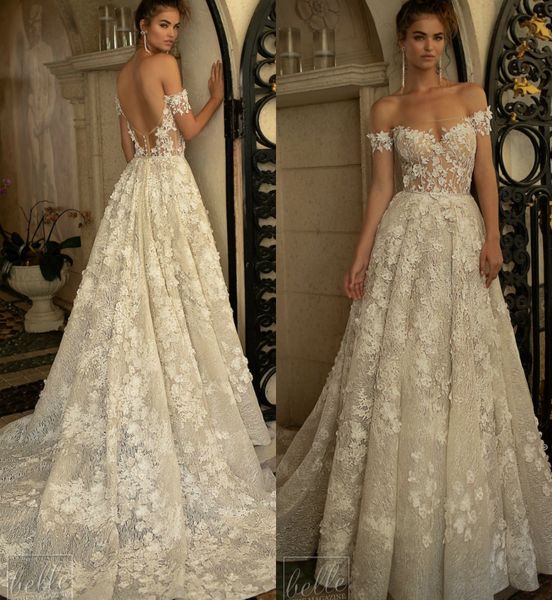 Berta Vestidos de novia de primavera Fuera del hombro Sin espalda Apliques florales en 3D Tallas grandes Lentejuelas Vestidos de novia de playa Una línea Robe De Mari￩e