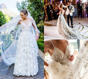 Berta Trouwjurken Een lijn 3D Floral Applicaties Spaghetti Sexy Backless Country Bruidsjurken Pailletten Sweep Train Beach Bridal Jurk Plus