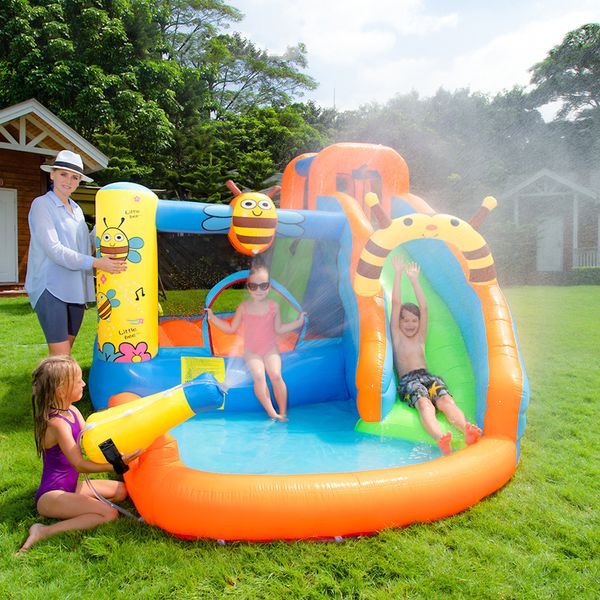 Meilleur toboggan aquatique gonflable pour jardin, maison de rebond d'eau pour enfants, parc aquatique extérieur sur le thème des abeilles, fosse à balles pour petit terrain de jeu humide et sec, cadeau d'anniversaire