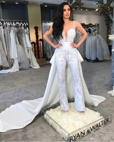 Traje de pantalón de lujo mono vestido de novia con tren desmontable 2022 vestidos de novia bohemios de encaje sin mangas vestido de novia de novia vestido de mujer para la recepción nupcial