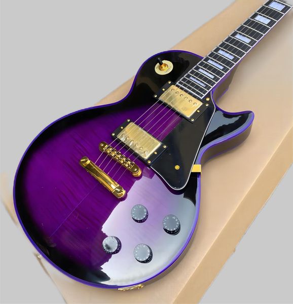 Guitare électrique personnalisée chaude Purple Sun Blast matériel doré corps en acajou