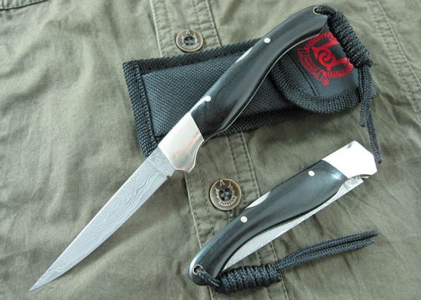 Cuchillo de bolsillo de acero de Damasco de alta gama, mango de ébano raro, hoja 58HRC, para acampar al aire libre, senderismo, cuchillos de supervivencia