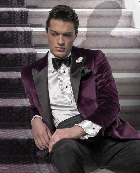 Meilleur Desigen Tuxedos de marié en velours violet, garniture de revers à pointe, Tuxedos de mariage pour garçons d'honneur, costumes de fête pour hommes ((veste + pantalon + cravate + ceinture) NO; 427