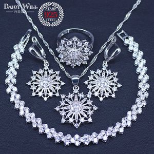 Beste Design Star Square Silver Color White Crystal Sieraden Sets Romantische Stijl Armbanden Hangers Oorbellen Ring Necklace H1022