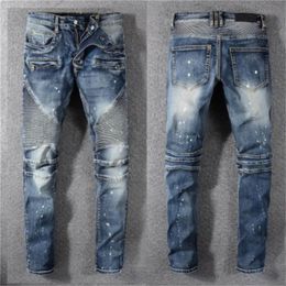 Beste designer heren jeans verontruste herenkleding gescheurde motorrijder slanke fit motorfiets fietsers denim voor heren mode mans zwarte broek pour hommes
