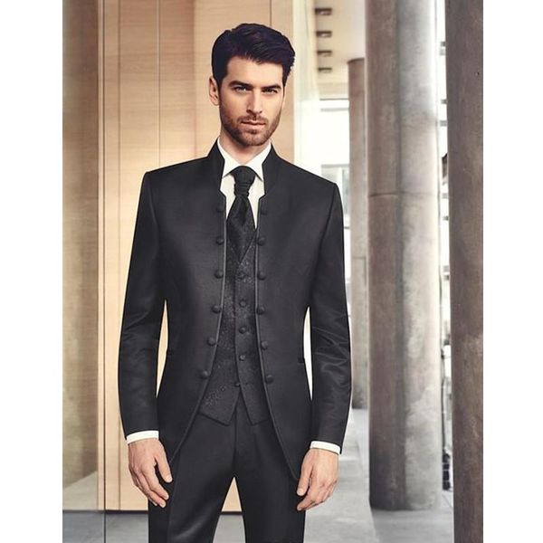 Mejor moda negro mandarín solapa seis botones hombres traje de 3 piezas esmoquin de boda novio esmoquin hombres cena ropa de baile (chaqueta + pantalones + corbata + chaleco) 71