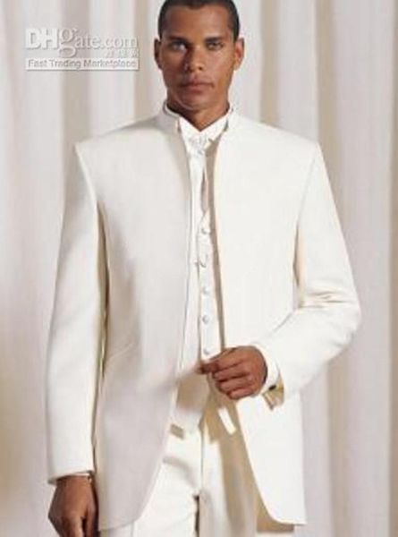 Mejor moda marfil mandarín solapa hombres traje de 3 piezas esmoquin de boda excelente novio esmoquin hombres cena ropa de baile (chaqueta + pantalones + corbata + chaleco) 180