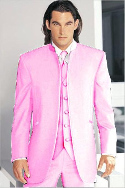 Best Fashion Pink Mandarin Lapel Men Traje de 3 piezas Esmoquin de boda Excelente Novio Tuxedos Men Dinner Prom clothes (Chaqueta + Pantalones + Corbata + Chaleco) 182
