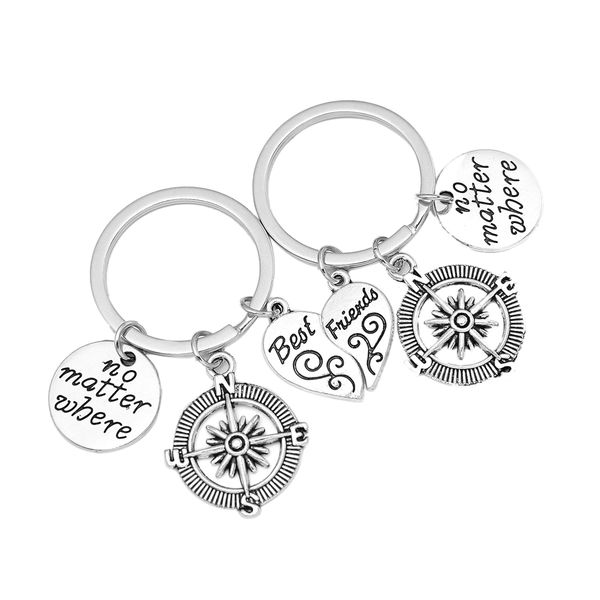 Best Friends Two Broken Heart No Matter Where Compass Keychain Set