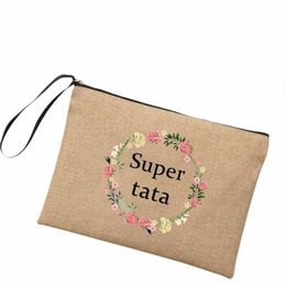 Meilleurs cadeaux pour Tata Super Tata Wreath Print Linen Zipper Socch Travel Toitrage Organisateur Cosmetic Sac Femmes NECER MAKEUP SAGS 60UB #