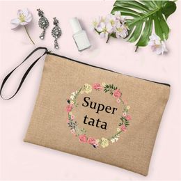 Meilleurs cadeaux pour Tata Super Tata couronne impression lin pochette à glissière voyage organisateur de toilette sac cosmétique femmes Neceser sacs de maquillage