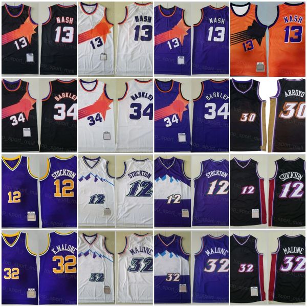 Maillot de basket-ball vintage John Stockton 12 Karl Malone 32 Steve Nash 13 Charles Barkley 34 Carlos Arroyo Chemise de sport rétro pour hommes Uniforme Violet Noir