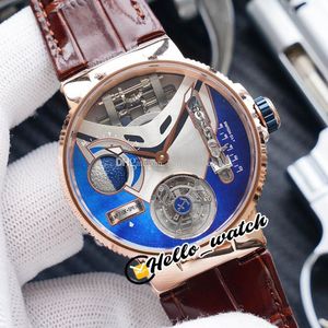 Beste Nieuwe Mega Yacht 6319-305 Emaille 3D Blue Dial Automatic Tourbillon Herenhorloge Rose Gold Case Bruin Lederen Band Horloges Hello_Watch F34