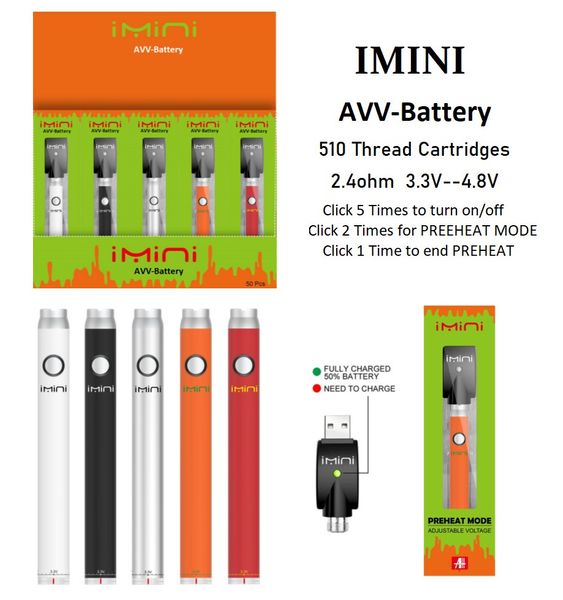 Meilleure batterie originale Imini AVV Vape 380mah tension variable E cigarette 510 fil pour cartouches de vape d'huile épaisse 3.3-4.8v pour Vapor E Zigarette Vapor Instock