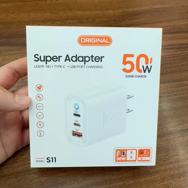 MEJOR CALIDAD 50W PD Fast Carger US EU EU Adaptador USB-C Potence Tipo-C Super Carga para iPhone 15 Pro Max Samsung S24 Interfaz de carga original USB Tipo C L