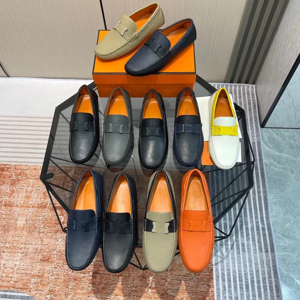 La mejor calidad Marca Desingner Hombres Mocasines Zapatos casuales Vestido de cuero genuino de alta calidad Estilos de moda Pisos Ocio Zapatos para hombre Negro Naranja