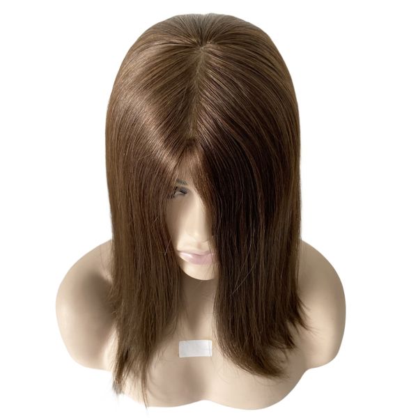 Pelucas judías de la mejor calidad 16 pulgadas Cabello humano virgen europeo Color marrón # 4 Peluca kosher 130% Densidad Estilo Bob 4x4 Pelucas judías superiores de seda para mujer blanca