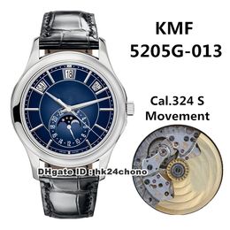Beste kwaliteit KMF 5205G-013 complicaties jaarkalender 40 mm Cal.324 automatisch herenhorloge blauwe wijzerplaat lederen band herenhorloges