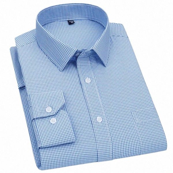 Mejor calidad para hombre Busin Casual LG camisa de manga clásica a cuadros a rayas a cuadros masculino social Dr camisas para hombre blanco azul E6qs #