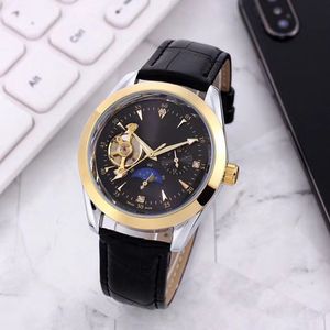 Relojes casuales de lujo para hombre, relojes de pulsera con correa de cuero de primeras marcas, movimiento automático mecánico, reloj con volante de fase lunar para hombre, regalo del Día del Padre, montre de luxe