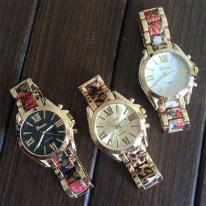 Meilleure Qualité Nouveau Leopard TwoTone Bracelet Montre Rayonnant Chiffres Romains Cadran Vintage Noir Blanc Floral Bracelet Montre T200420