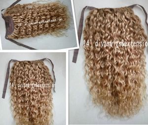 crépus bouclés blonds cordon de serrage de cheveux humains queue de cheval postiche clip en miel blonde africaine extensions de cheveux bouclés 14 pouces 120g bateau libre