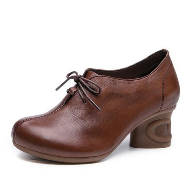 Mejor venta 2020 nueva primavera cuero vacuno de calidad zapatos de cuero auténtico íntegro zapatos de moda para mujer zapatos clásicos Retro antideslizantes zapatos de tacón alto