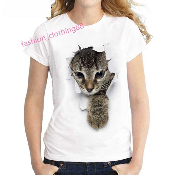 Vente Flash T-Shirt à manches courtes et col rond pour femme, 100% coton, impression numérique de chat en 3D, blanc
