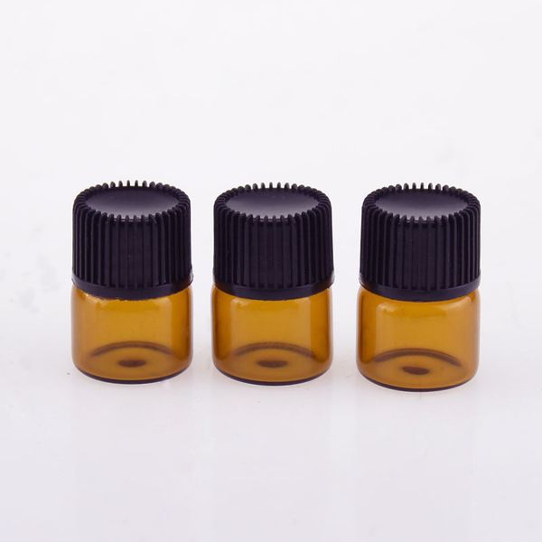 Las mejores botellas de vidrio de muestra de frasco de vidrio ámbar de 1/4 Dram de 1 ml con tapa negra reductora de orificio para aceite esencial