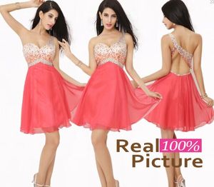 Los más vendidos de 2019, vestidos de cóctel de graduación de lujo en color Coral con un solo hombro, vestidos de fiesta cortos plisados con cuentas para mujer