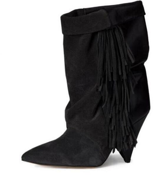 Best Selling 2017 Fashion Side Fringe Embellecido Mujer Botines Punta estrecha Gamuza Mujer Botas cortas Zapatos sin cordones